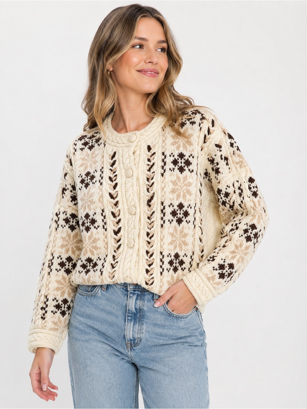 CO Tokyo alpine womens cardigan cream brown cable knit womens sweater fits Large